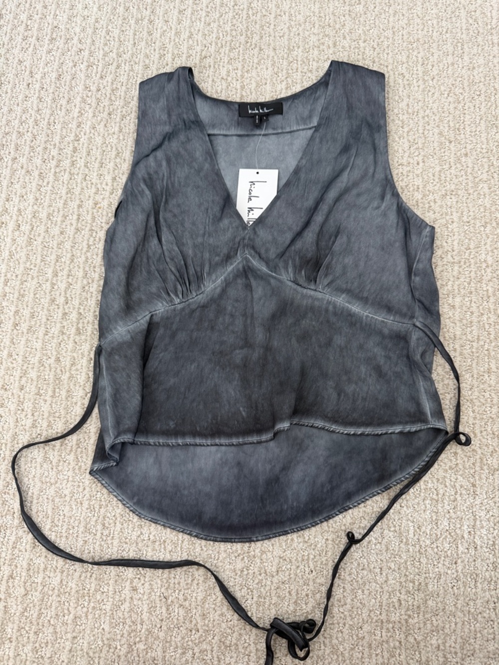 Nicole Miller Drawstring Washed Black V-Neck Sleeveless Top